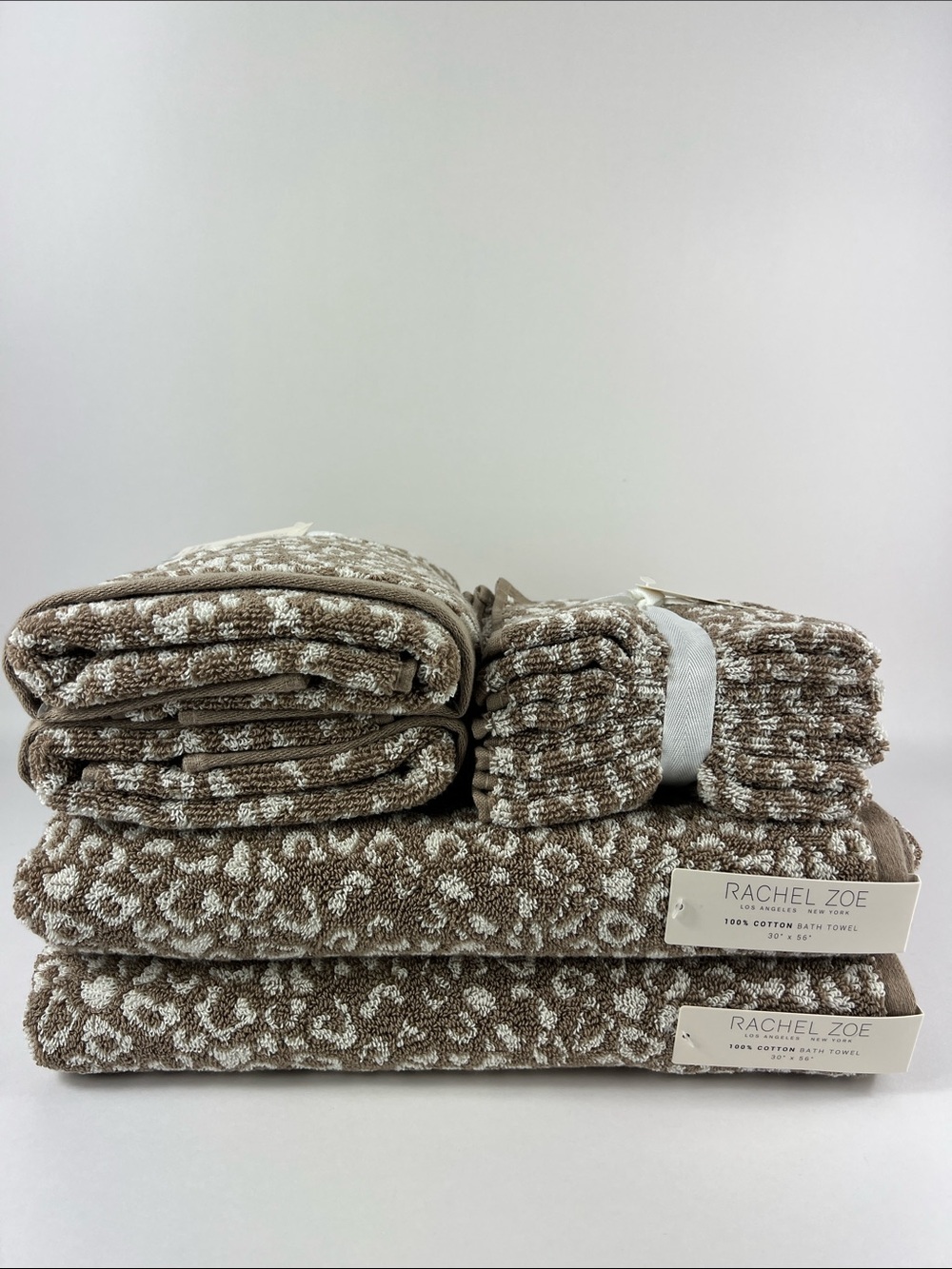 Rachel Zoe Bath Towels Tan Cream Leopard Animal Print 100% Cotton 8 Pc NEW